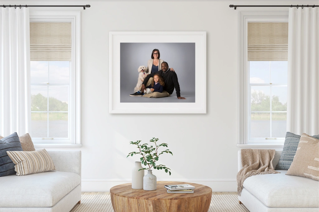 Example of family portrait artwork framed and hangin on the walls of a home.